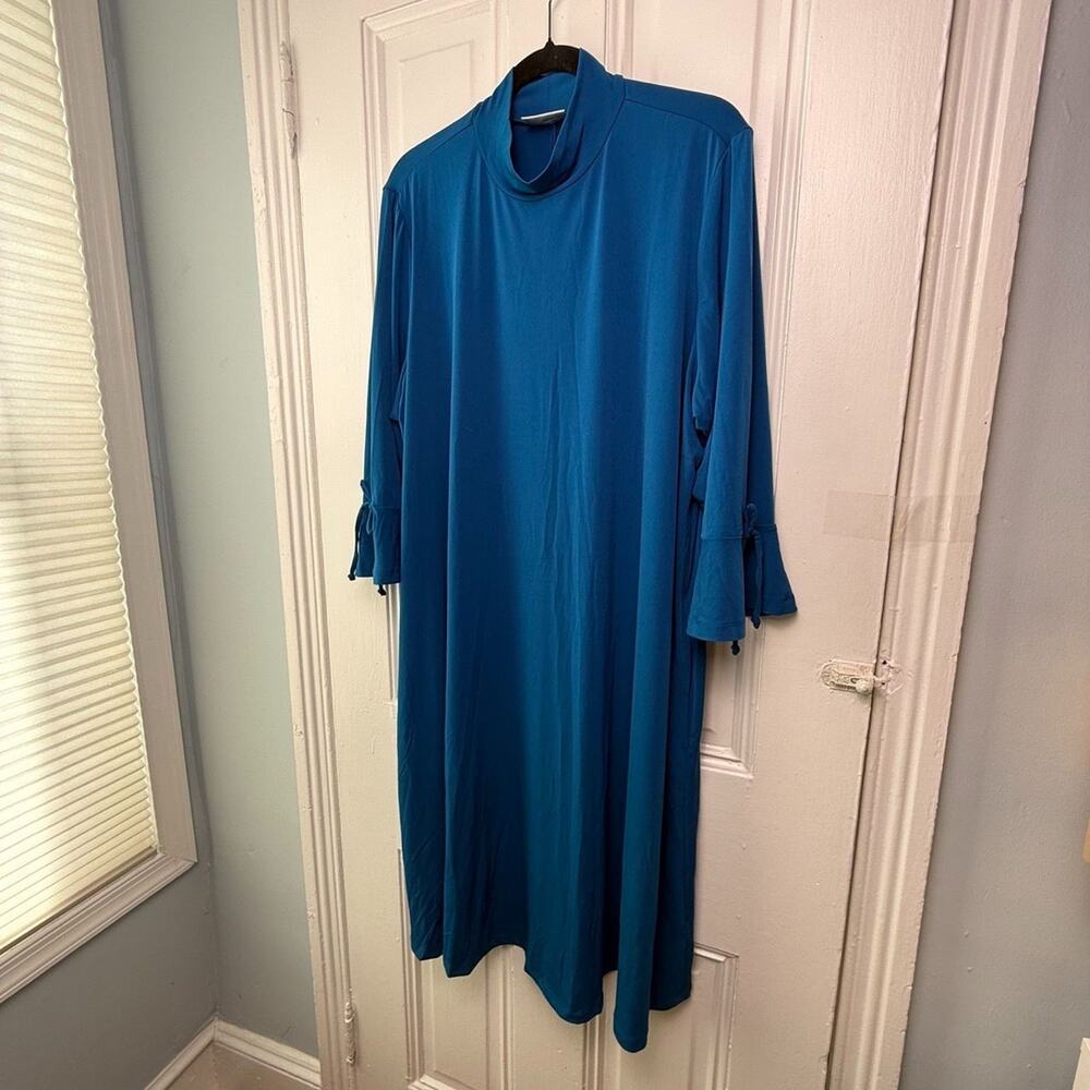 Susan Graver Liquid Knit Mock Neck Midi Dress Tie Sleeves Petite 3X Blue NWOT